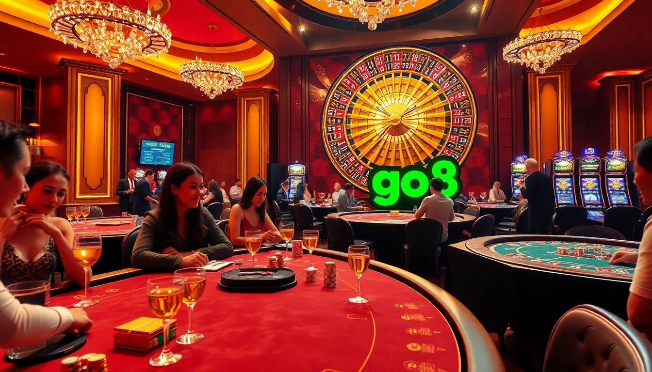 Players delight in high-stakes poker at a luxurious go8 casino, showcasing vibrant colors and thrilling action.