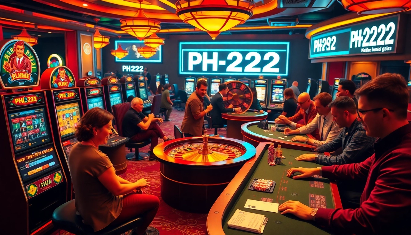 Experience the thrill of winning at PH222 casino with vibrant slot machines and poker tables bustling with excitement.