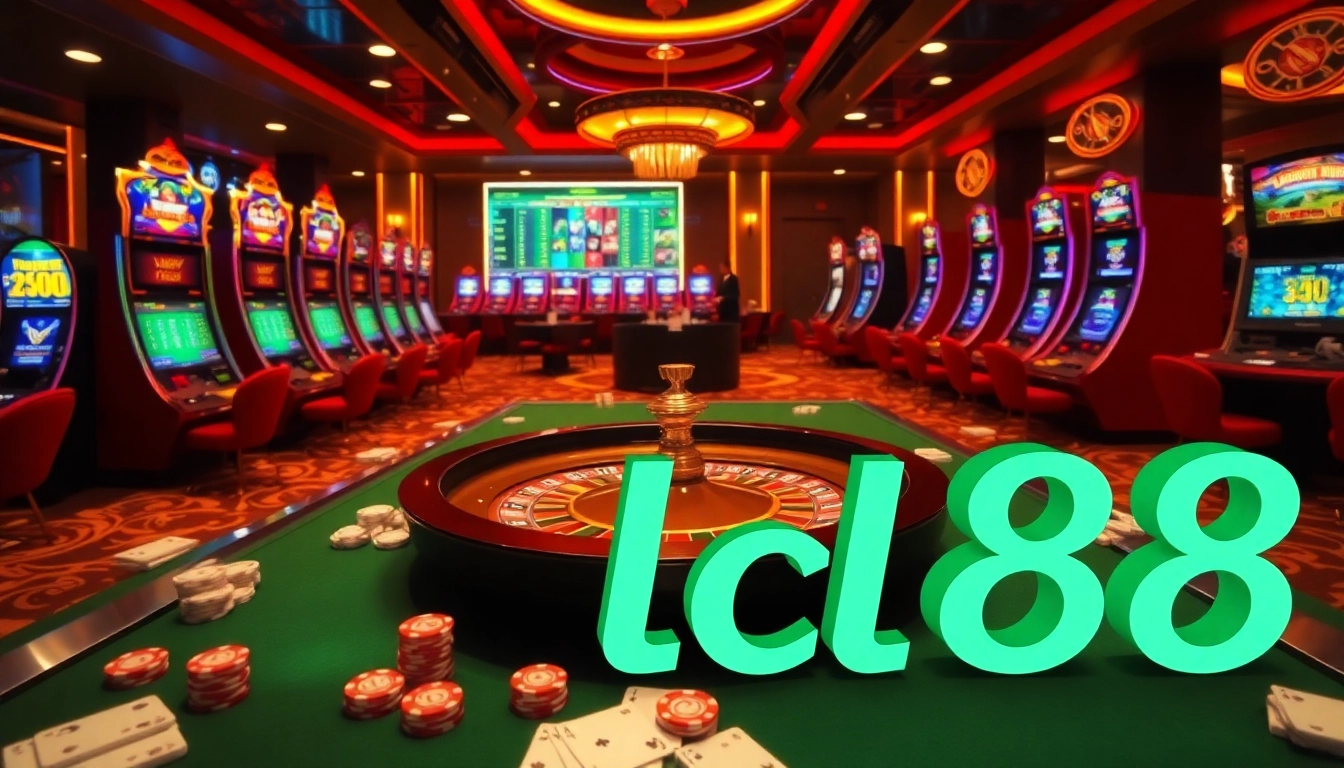 Visitors enjoy thrilling games in a vibrant casino scene with captivating lc88 neon accents and lively gaming tables.
