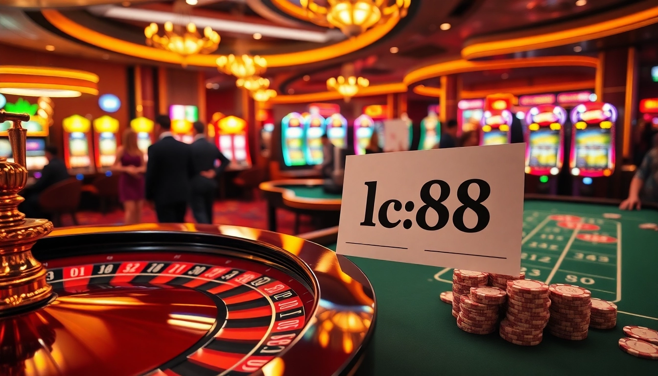 Experience the thrill of lc88 at a vibrant casino with poker chips and players engaging in high-stakes betting.