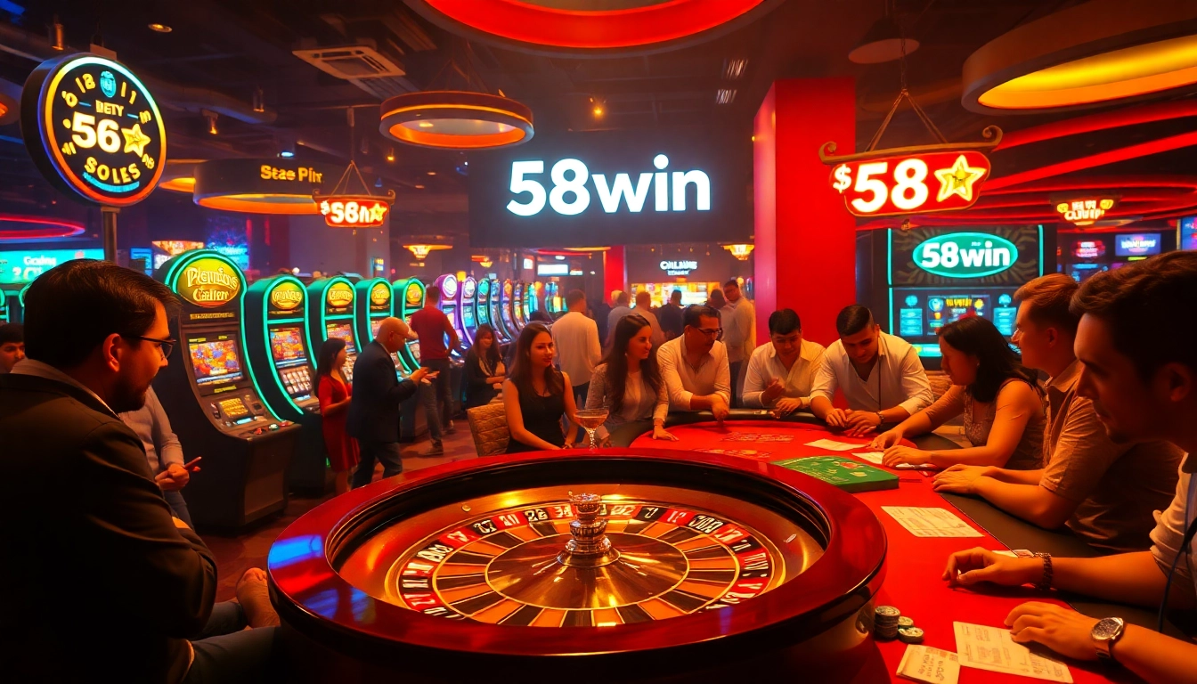 58win casino scene with roulette wheel, players enjoying immersive gaming experience.
