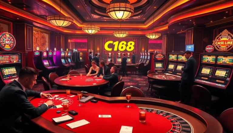 C168 betting scene showcasing thrilling poker action with players and vibrant slot machines.