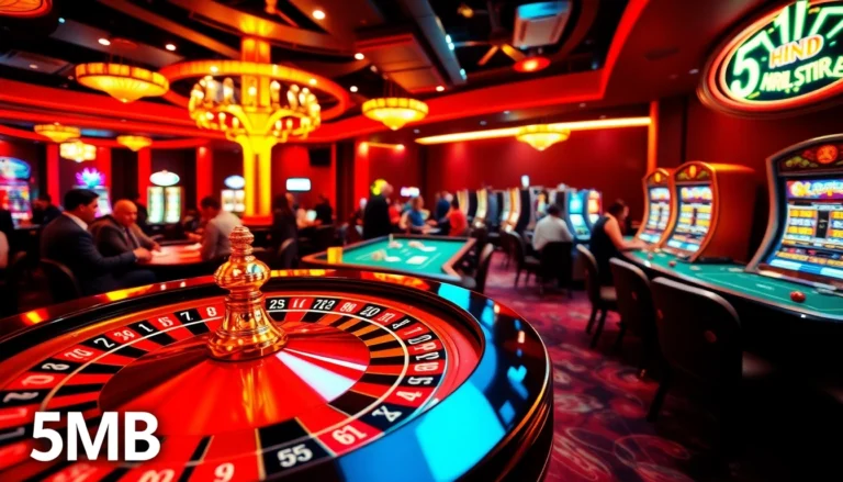 Players excitedly engage with a vibrant 5MB roulette wheel amidst intense casino action, showcasing thrilling gambling moments.
