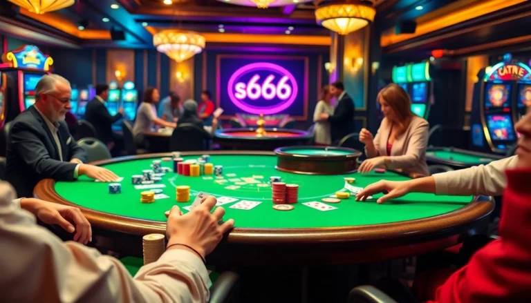 Experience thrilling moments at a casino table where players wager on s666 poker hands surrounded by vibrant chips and cards.