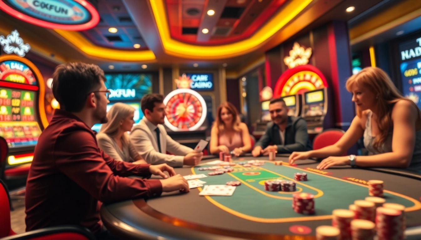 OKFUN casino poker players intensively strategizing at a vibrant table, chip excitement.