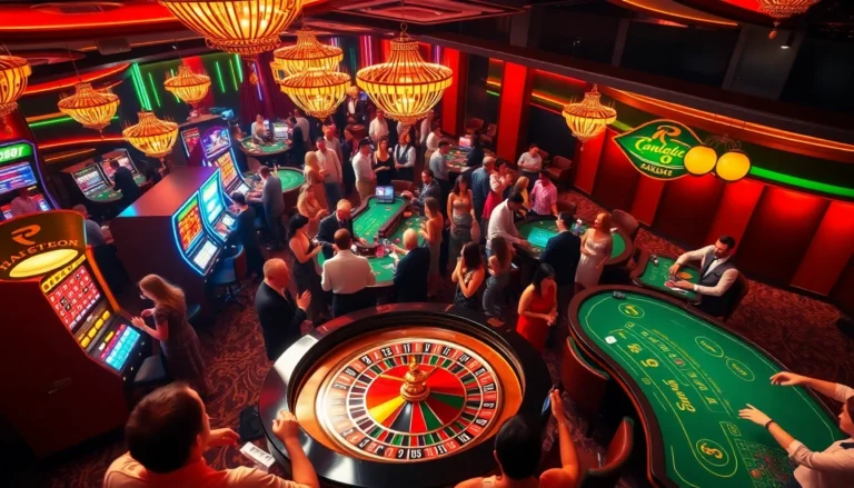 Experience the excitement of C168 roulette with vibrant lights and eager players in a lively casino setting.