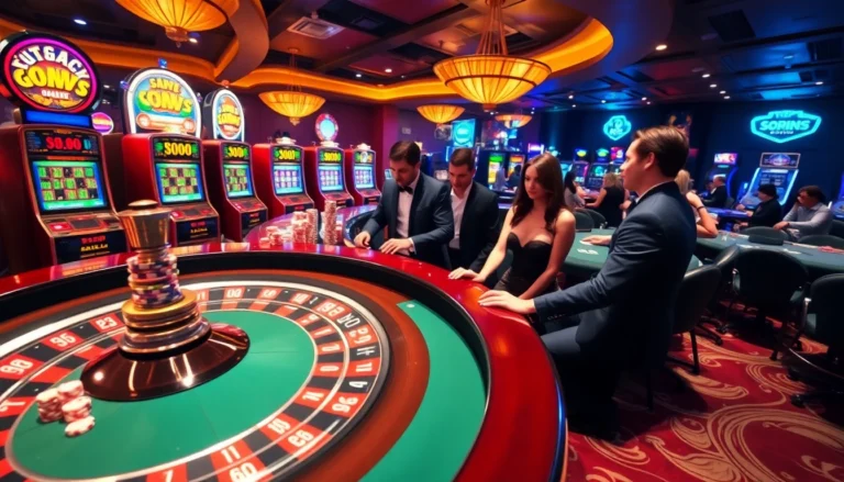 A vibrant casino scene showcasing players at a go8 roulette table, filled with excitement and betting action.