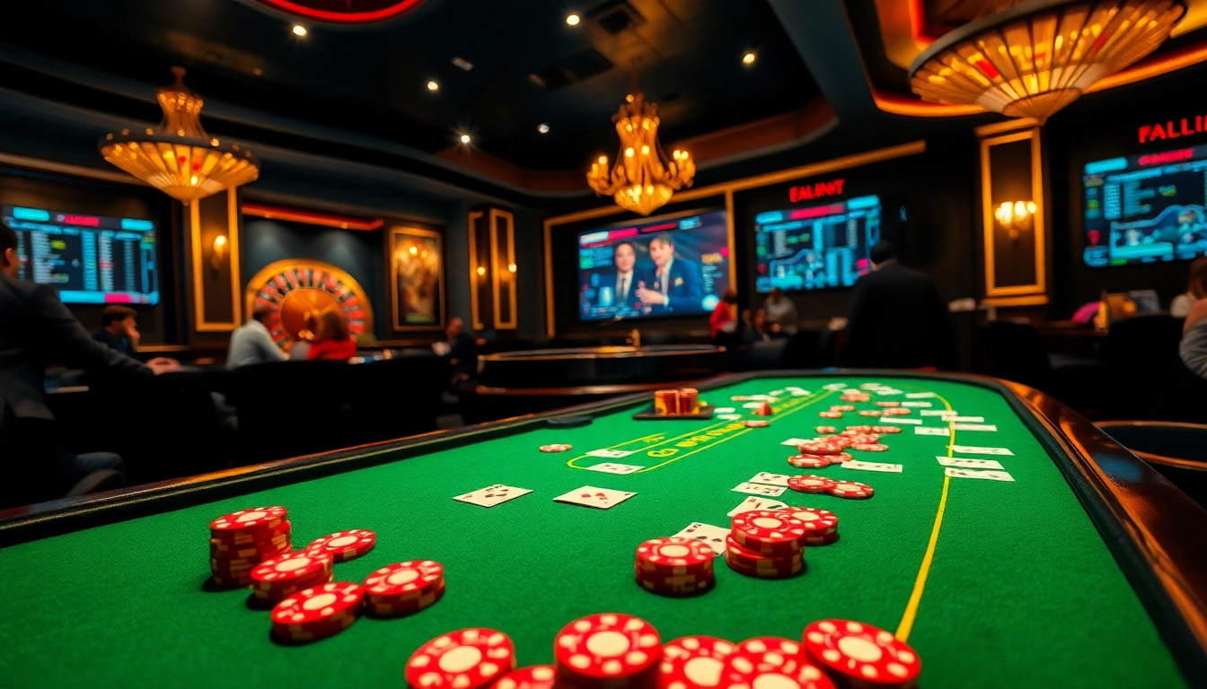 Gamblers enjoying the lively casino atmosphere at f8bet, with poker chips and cards in action.