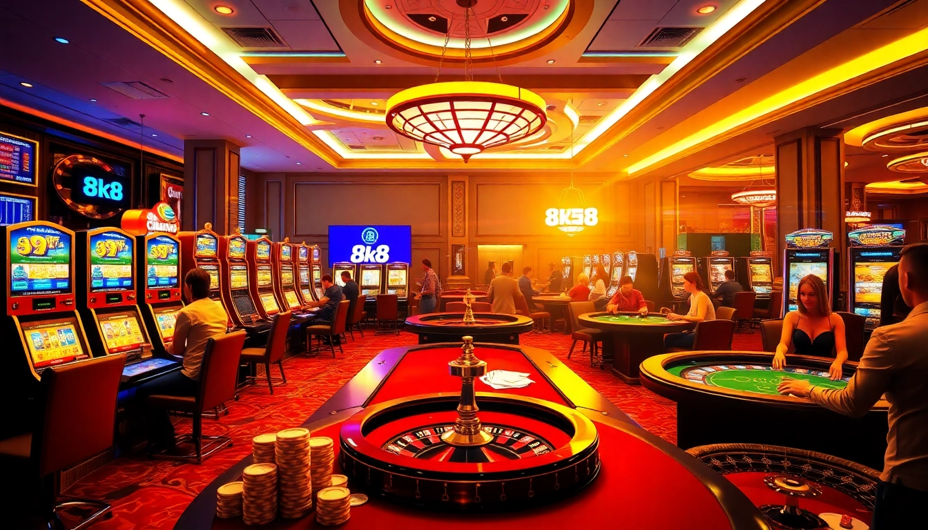 Excited players enjoying vibrant casino games at 8k8 with colorful slot machines and poker tables.