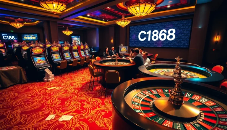 A bustling casino scene showcasing vibrant slot machines, betting slips, and poker chips with C168 featured digitally, enhancing the thrill of gambling.
