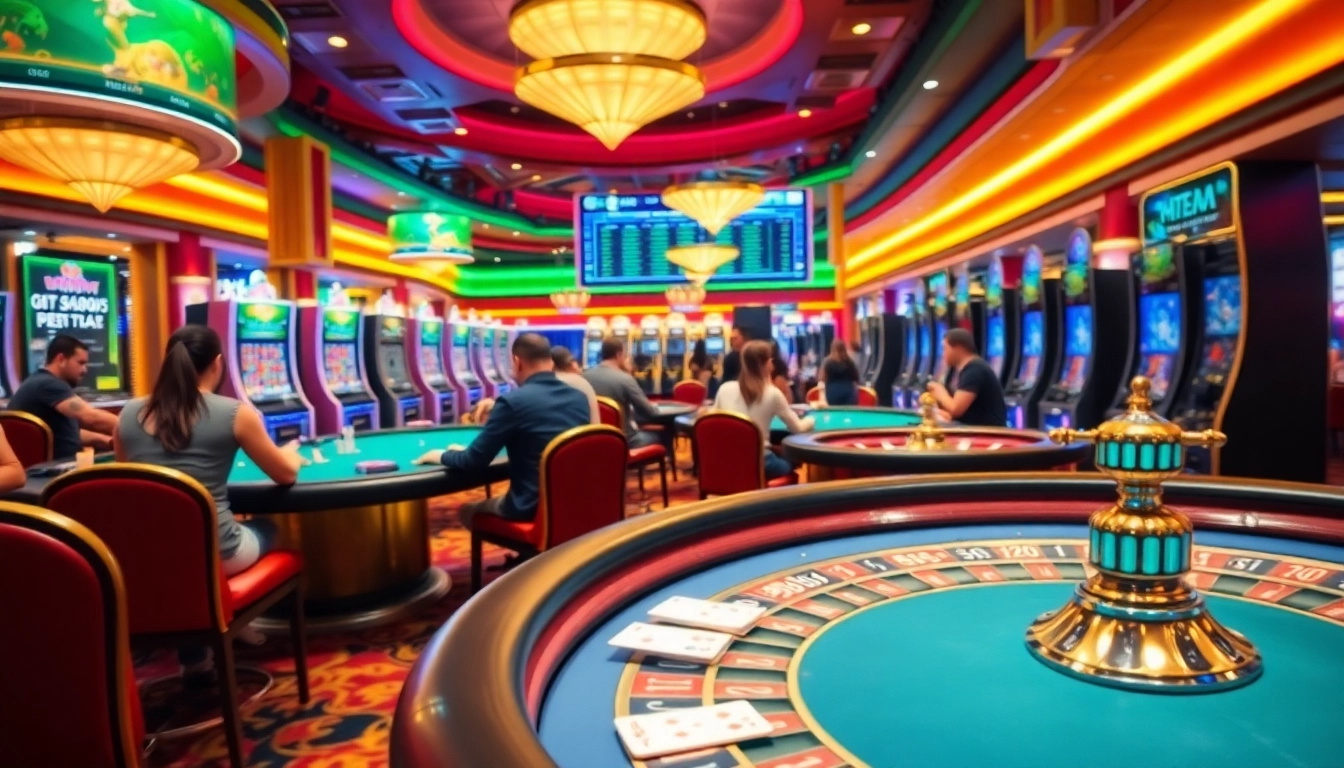 Exciting gameplay at Hi88 casino showcasing players at poker tables and slot machines.