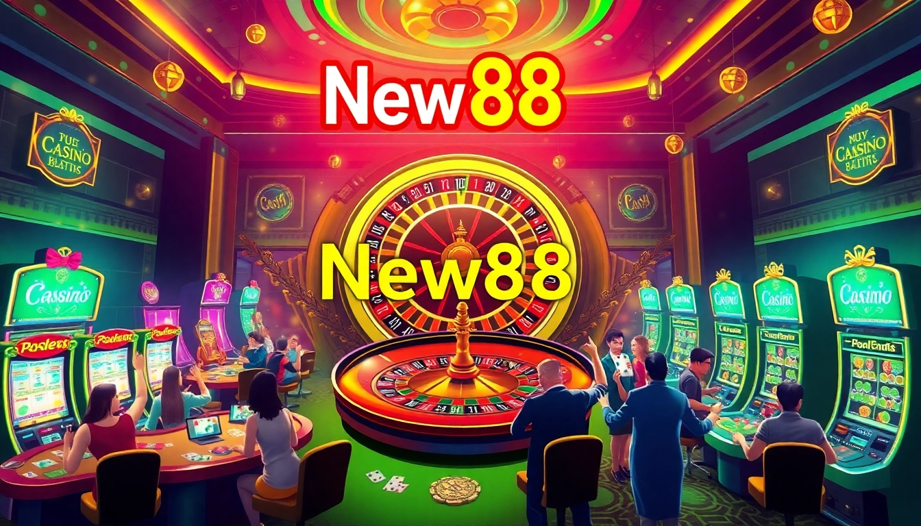 New88 showcases an exciting casino scene with players engaging at tables and vibrant slot machines.