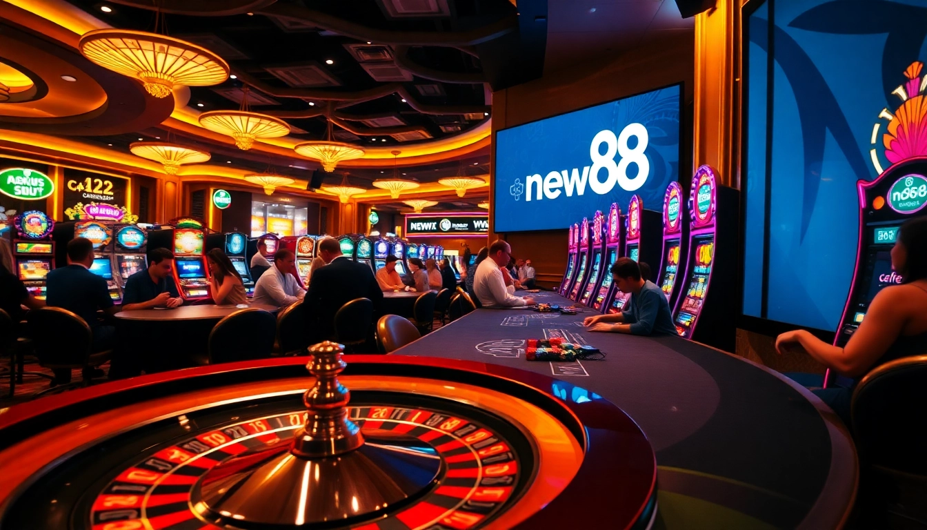 Experience the thrilling ambiance of new88 casino with players engaging at tables and spinning roulette wheels.