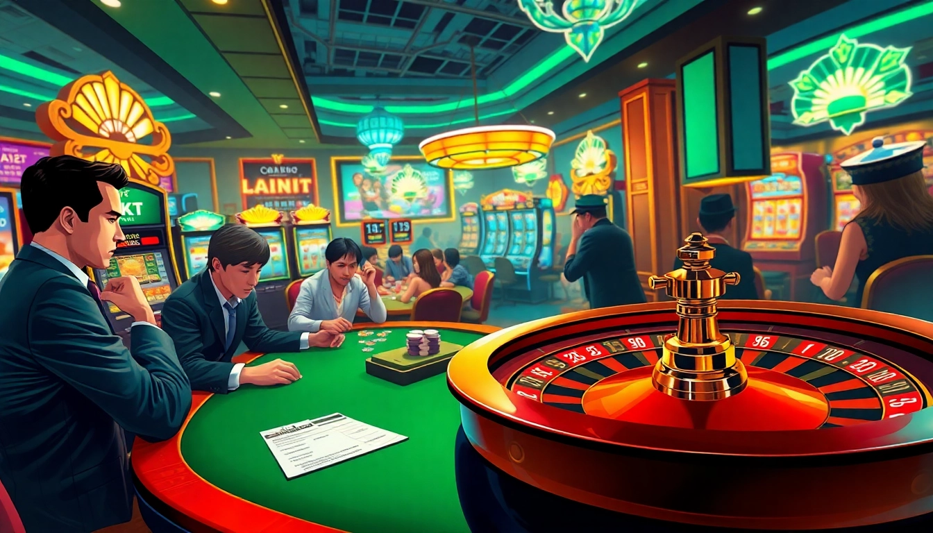Experience the thrill of winning at LC88 with vibrant poker tables and spinning roulette wheels in a luxurious casino setting.